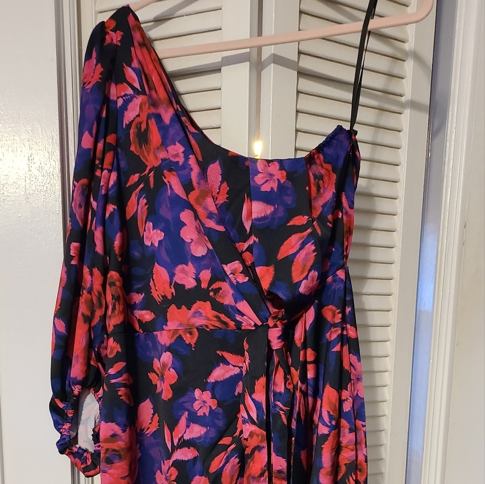 City Chic One-Shoulder Floral Dress in Black, Red, Purple